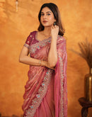 Peach Tissue Silk Stone Work Embroidery Saree