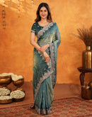 Teal Blue Tissue Silk Stone Work Embroidery Saree