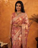 Dusty Rose Pink Silk Woven Embroidery Stone Work Banarasi Saree