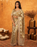 Dark Beige Silk Woven Embroidery Stone Work Banarasi Saree