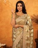 Dark Beige Silk Woven Embroidery Stone Work Banarasi Saree