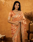 Peach Silk Woven Embroidery Stone Work Banarasi Saree