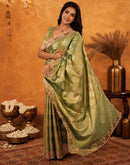 Dark Pista Green Silk Woven Embroidery Stone Work Banarasi Saree