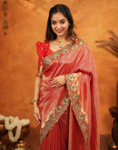 Red Silk Woven Embroidery Stone Work Banarasi Saree