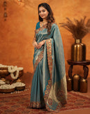 Dark Teal Blue Silk Woven Embroidery Stone Work Banarasi Saree