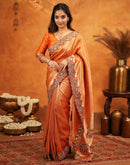 Orange Silk Woven Embroidery Stone Work Banarasi Saree
