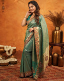Teal Green Silk Woven Embroidery Stone Work Banarasi Saree