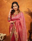 Dark Pink Silk Woven Embroidery Stone Work Banarasi Saree