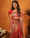 Red Silk Woven Embroidery Stone Work Banarasi Saree