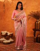 Light Pink Silk Woven Embroidery Stone Work Banarasi Saree