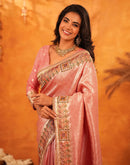 Light Pink Silk Woven Embroidery Stone Work Banarasi Saree