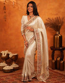 Off White Silk Woven Embroidery Stone Work Banarasi Saree