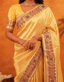 Light Yellow Silk Woven Embroidery Stone Work Banarasi Saree
