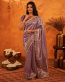 Dusty Purple Silk Woven Embroidery Stone Work Banarasi Saree