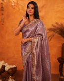 Dusty Purple Silk Woven Embroidery Stone Work Banarasi Saree