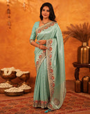 Turquoise Silk Woven Embroidery Stone Work Banarasi Saree