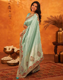 Turquoise Silk Woven Embroidery Stone Work Banarasi Saree