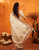 Off White Silk Woven Embroidery Stone Work Banarasi Saree