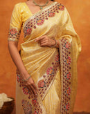 Light Yellow Silk Woven Embroidery Stone Work Banarasi Saree