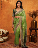 Parrot Green Silk Woven Stone Work Banarasi Saree