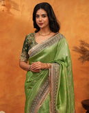 Parrot Green Silk Woven Stone Work Banarasi Saree