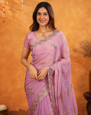 Light Purple Shimmer Silk Stone Work Embroidery Saree