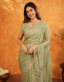 Pista Green Shimmer Silk Stone Work Embroidery Saree