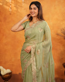 Pista Green Shimmer Silk Stone Work Embroidery Saree