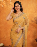 Light Mustard Shimmer Silk Stone Work Embroidery Saree