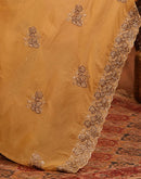 Light Mustard Shimmer Silk Stone Work Embroidery Saree