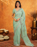 Light Mint Green Shimmer Silk Stone Work Embroidery Saree