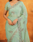 Light Mint Green Shimmer Silk Stone Work Embroidery Saree