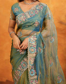 Dusty Turquoise Blue Crush Tissue Stone Work Embroidery Saree