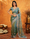 Dusty Turquoise Blue Crush Tissue Stone Work Embroidery Saree