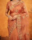 Orange Crush Tissue Stone Work Embroidery Saree