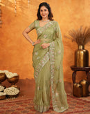 Pista Green Crush Tissue Stone Work Embroidery Saree