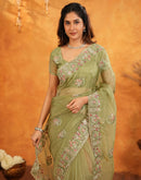 Pista Green Crush Tissue Stone Work Embroidery Saree