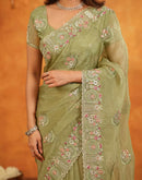 Pista Green Crush Tissue Stone Work Embroidery Saree