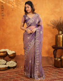 Purple Crush Tissue Stone Work Embroidery Saree
