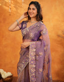 Purple Crush Tissue Stone Work Embroidery Saree
