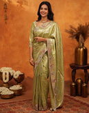 Lime Yellow Silk Woven Embroidery Stone Work Banarasi Saree