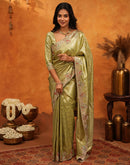 Lime Yellow Silk Woven Embroidery Stone Work Banarasi Saree
