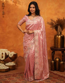 Coral Pink Silk Woven Embroidery Stone Work Banarasi Saree