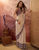 Beige Crepe Silk Printed Saree