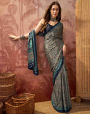Navy Blue Crepe Silk Printed Saree