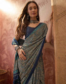 Navy Blue Crepe Silk Printed Saree