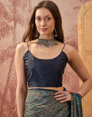 Navy Blue Crepe Silk Printed Saree