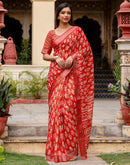 Red Linen Printed Saree