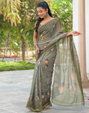 Dusty Green Linen Floral Printed Saree