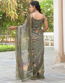Dusty Green Linen Floral Printed Saree